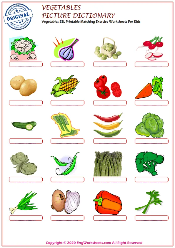 Vegetables ESL Printable Matching Exercise Worksheets For Kids Worksheet Preview
