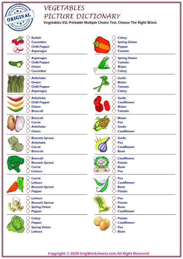 Vegetables ESL Printable Multiple Choice Test. Choose The Right Word. Worksheet Preview
