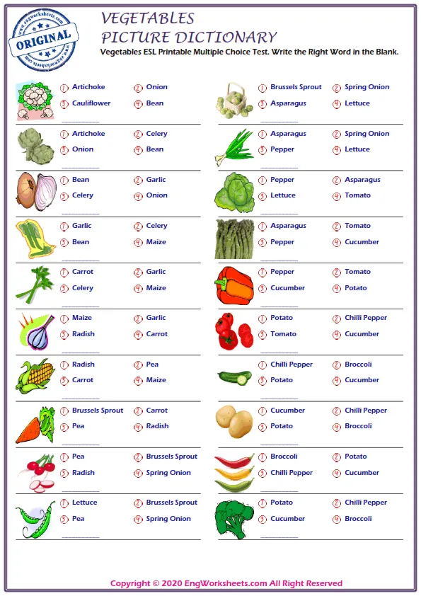 Vegetables ESL Printable Multiple Choice Test. Write the Right Word in the Blank. Worksheet Preview