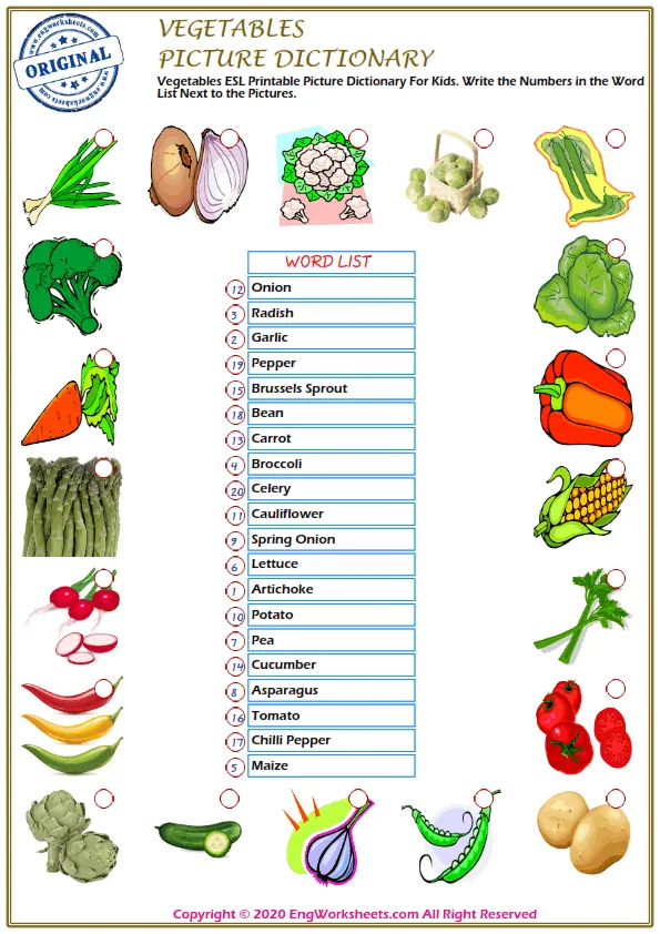 Vegetables ESL Printable Picture Dictionary For Kids. Write the Numbers in the Word List Next to the Pictures. Worksheet Preview