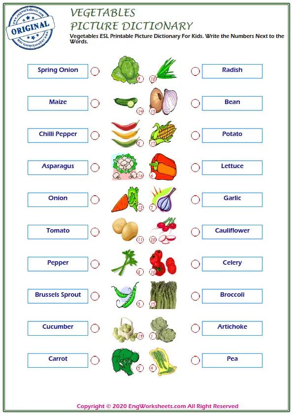 Vegetables ESL Printable Picture Dictionary For Kids. Write the Numbers Next to the Words. Worksheet Preview