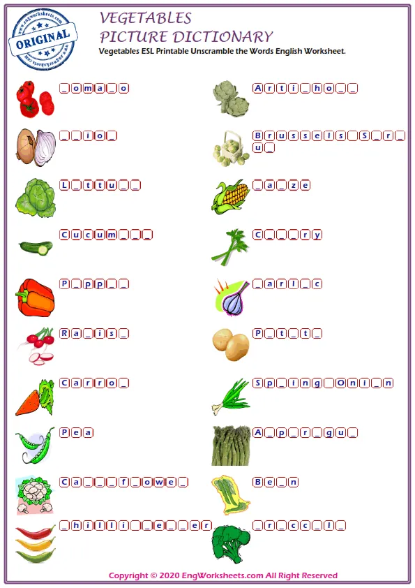 Vegetables ESL Printable Unscramble the Words English Worksheet. Worksheet Preview