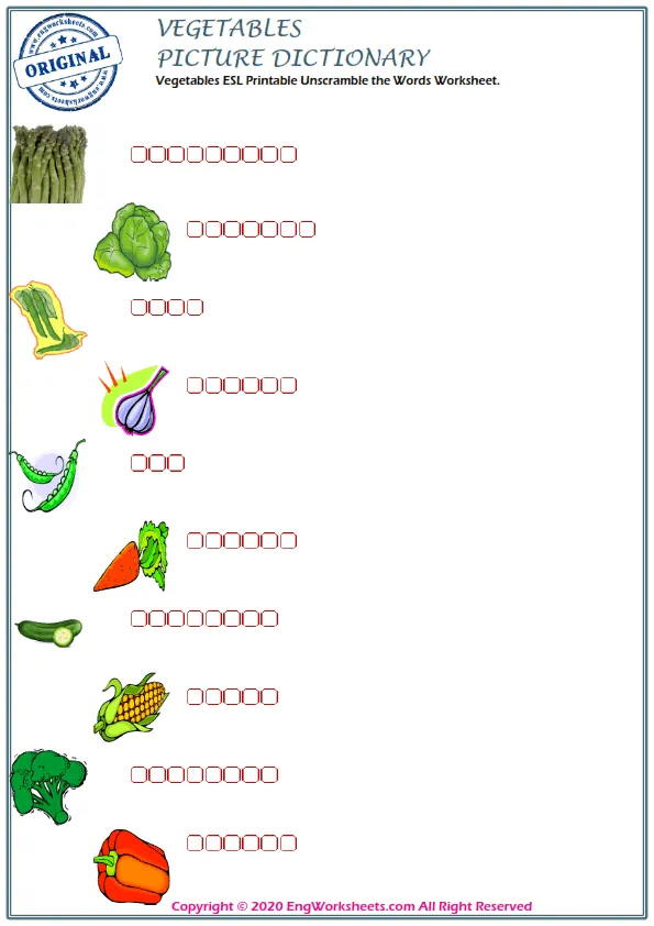 Vegetables ESL Printable Unscramble the Words Worksheet. Worksheet Preview