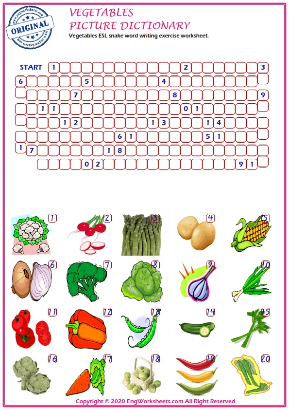 Vegetables ESL snake word writing exercise worksheet. Worksheet Preview