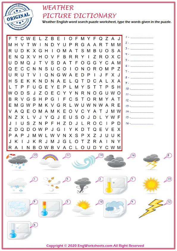 Weather English word search puzzle worksheet, type the words given in the puzzle. Worksheet Preview