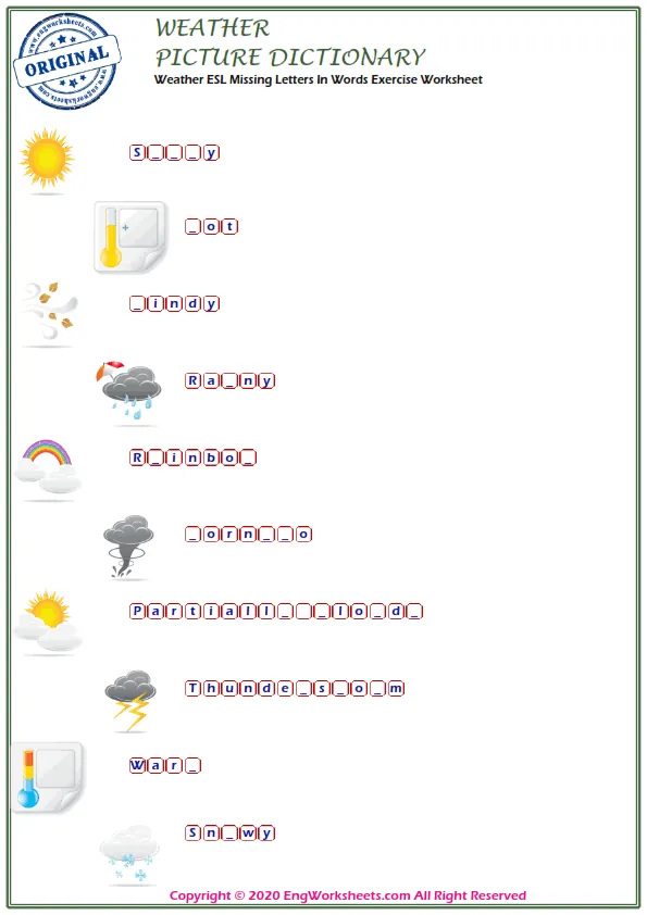 Weather ESL Missing Letters In Words Exercise Worksheet Worksheet Preview