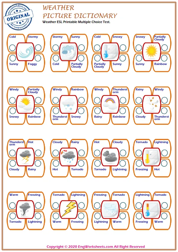 Weather ESL Printable Multiple Choice Test. Worksheet Preview