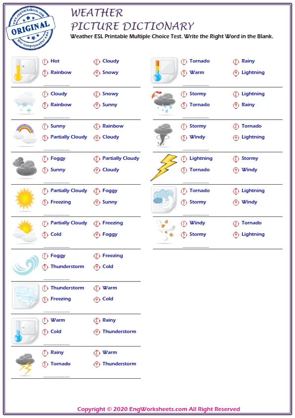 Weather ESL Printable Multiple Choice Test. Write the Right Word in the Blank. Worksheet Preview