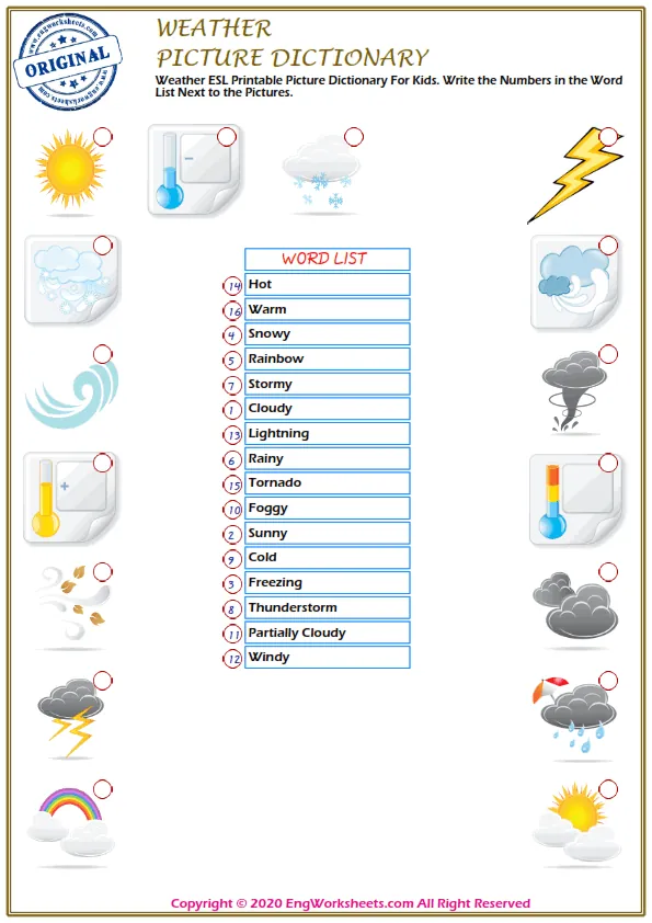 Weather ESL Printable Picture Dictionary For Kids. Write the Numbers in the Word List Next to the Pictures. Worksheet Preview