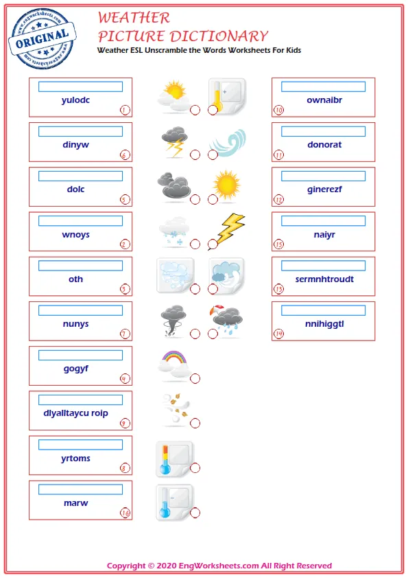 Weather ESL Unscramble the Words Worksheets For Kids Worksheet Preview