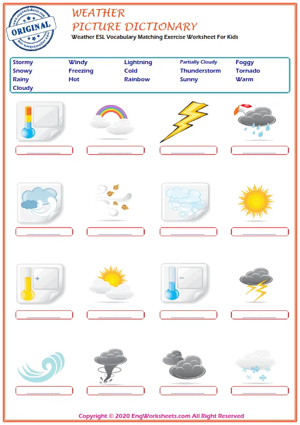 Weather ESL Vocabulary Matching Exercise Worksheet For Kids