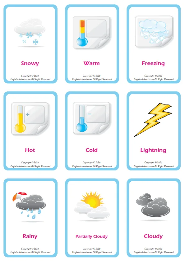 Weather vocabulary worksheet with words, nine images per page Worksheet Preview