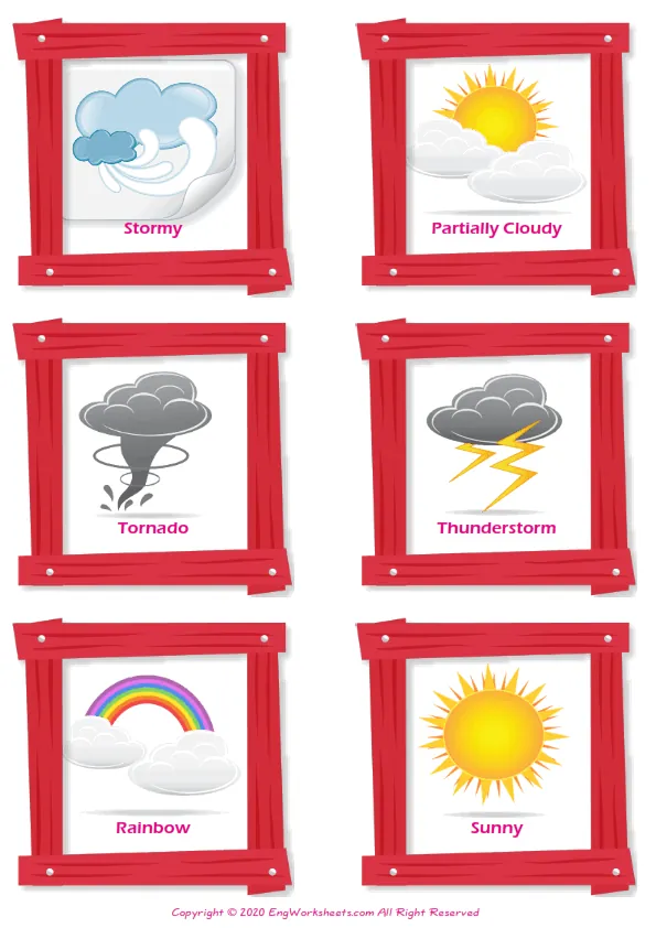 Weather vocabulary worksheet with words, six images per page Worksheet Preview