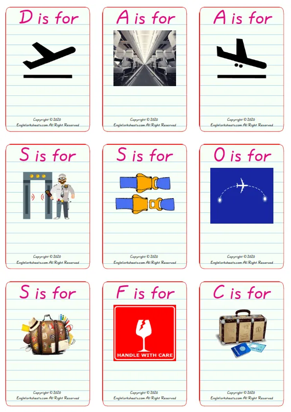 Wordless Airport vocabulary worksheet with nine images per page