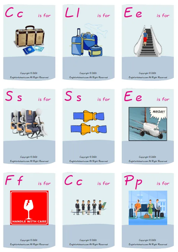 Wordless Airport vocabulary worksheet with nine images per page