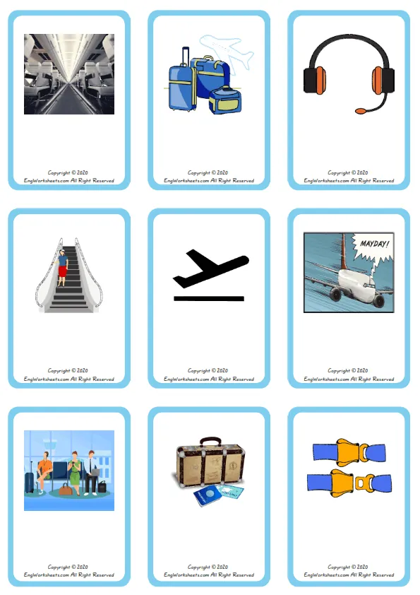 Wordless Airport vocabulary worksheet with nine images per page