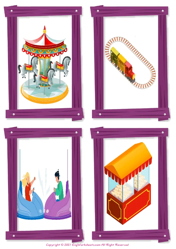 Wordless Amusement Park vocabulary worksheet with four images per page Worksheet Preview