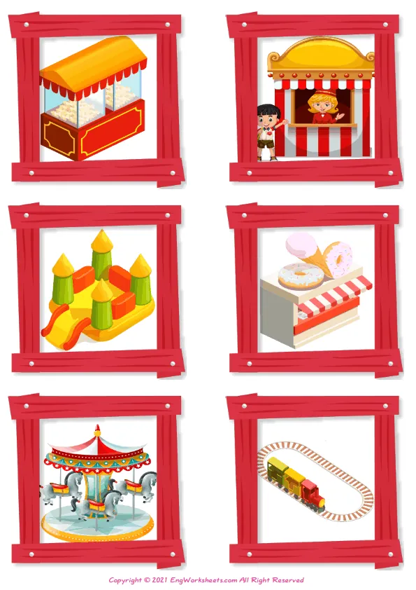 Wordless Amusement Park vocabulary worksheet with six images per page Worksheet Preview