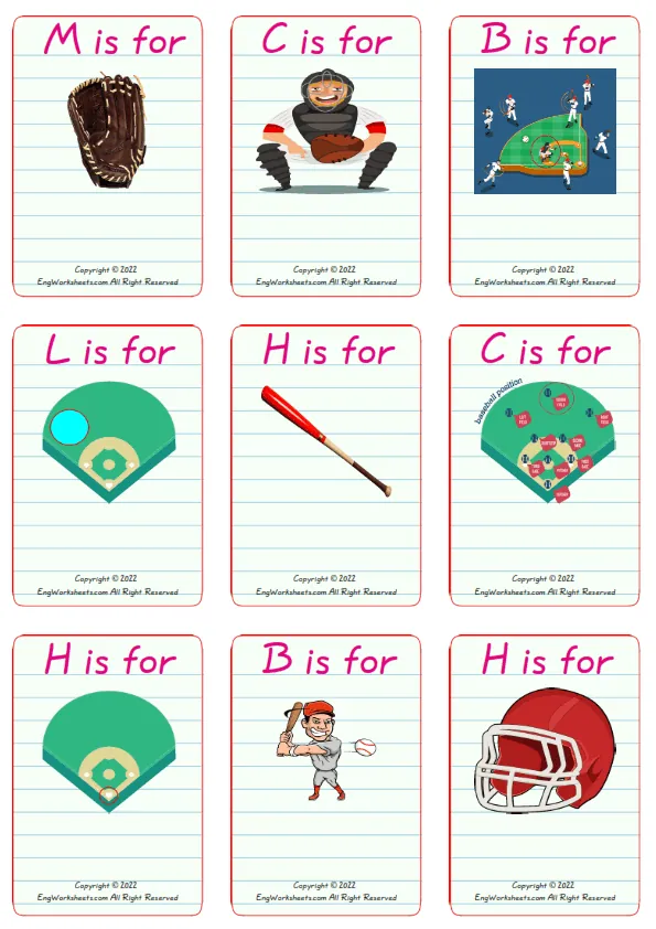 Wordless Baseball vocabulary worksheet with nine images per page Worksheet Preview