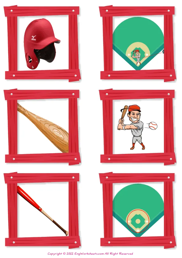 Wordless Baseball vocabulary worksheet with six images per page Worksheet Preview