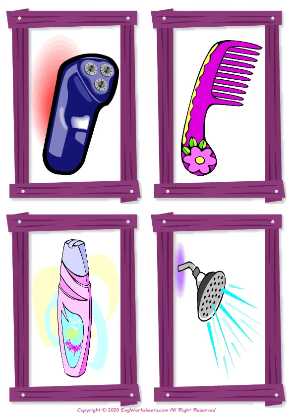 Wordless Bathroom vocabulary worksheet with four images per page