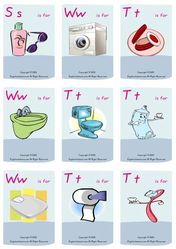 Wordless Bathroom vocabulary worksheet with nine images per page Worksheet Preview