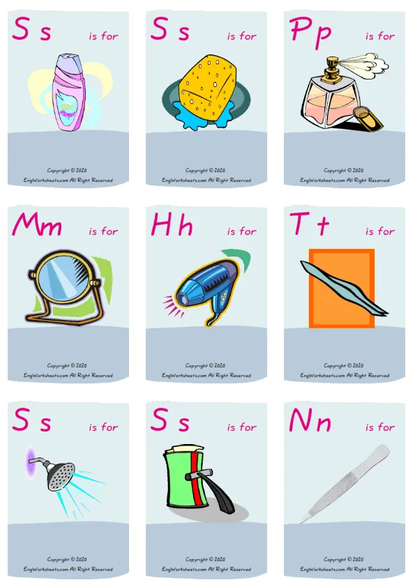 Wordless Bathroom vocabulary worksheet with nine images per page