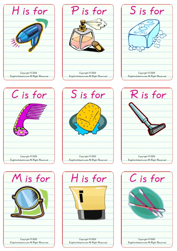 Wordless Bathroom vocabulary worksheet with nine images per page