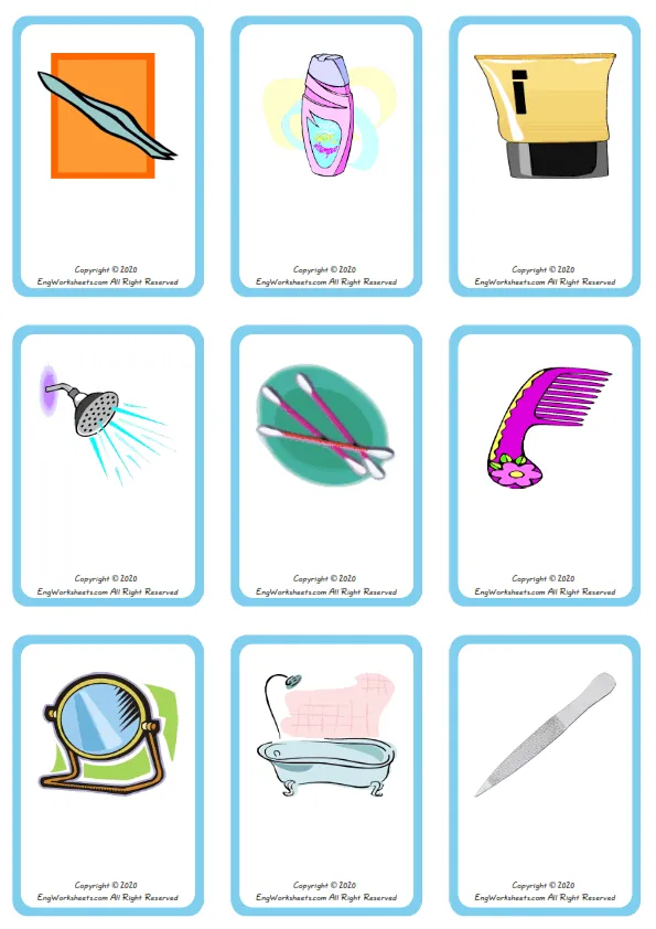 Wordless Bathroom vocabulary worksheet with nine images per page