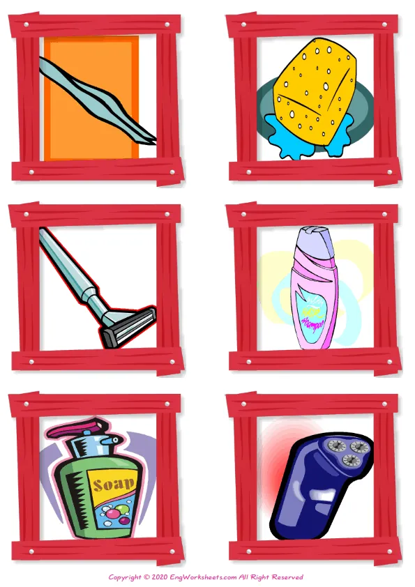 Wordless Bathroom vocabulary worksheet with six images per page