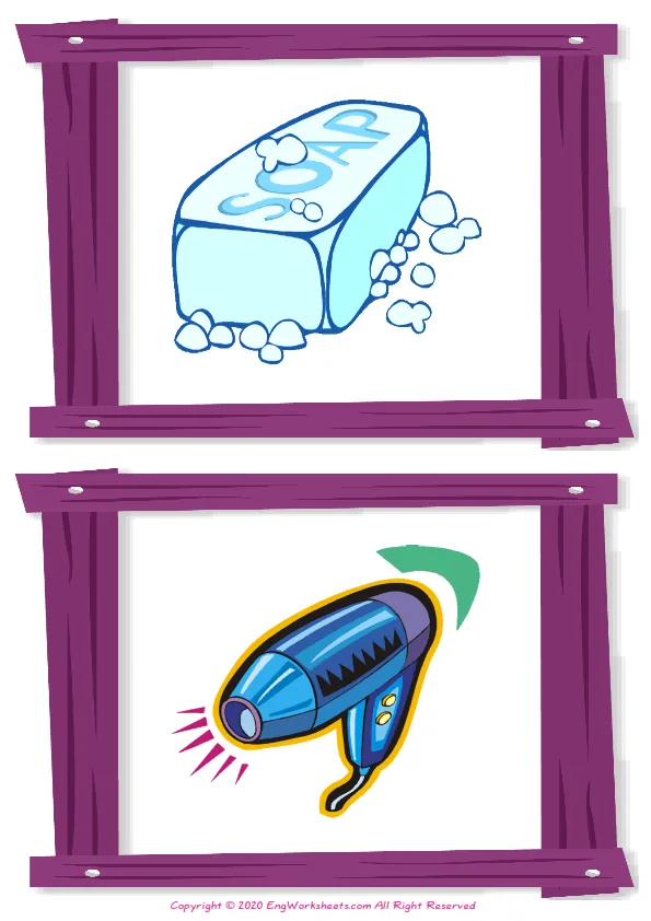 Wordless Bathroom vocabulary worksheet with two images per page