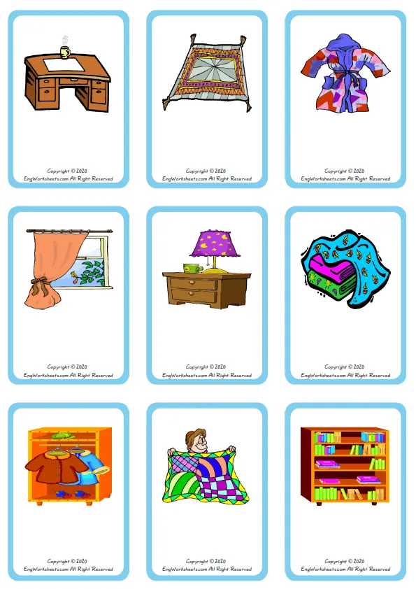 Wordless Bedroom vocabulary worksheet with nine images per page