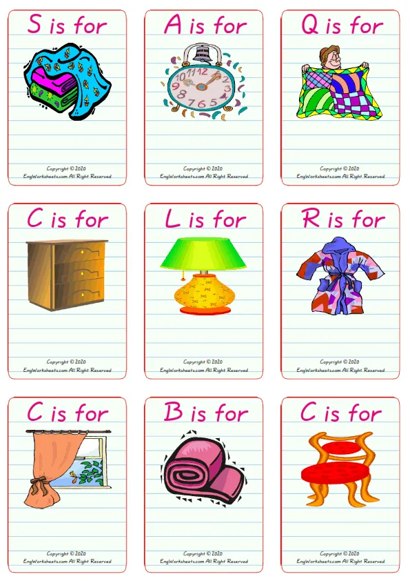 Wordless Bedroom vocabulary worksheet with nine images per page
