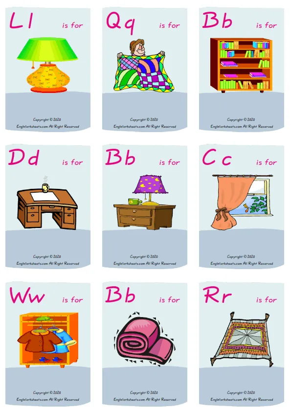 Wordless Bedroom vocabulary worksheet with nine images per page