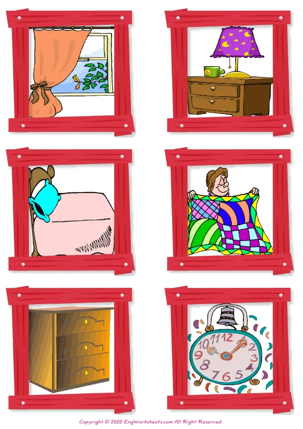 Wordless Bedroom vocabulary worksheet with six images per page