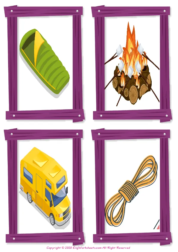 Wordless Camping vocabulary worksheet with four images per page Worksheet Preview