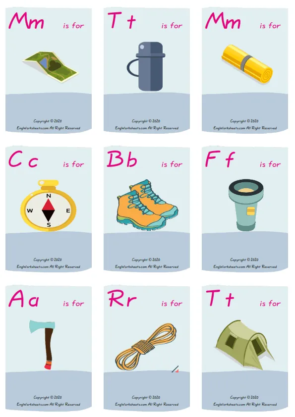 Wordless Camping vocabulary worksheet with nine images per page Worksheet Preview