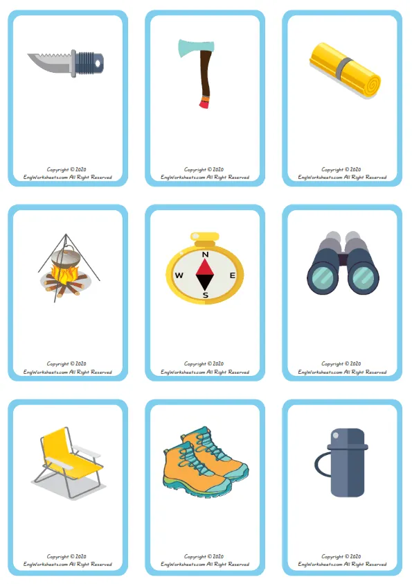 Wordless Camping vocabulary worksheet with nine images per page Worksheet Preview