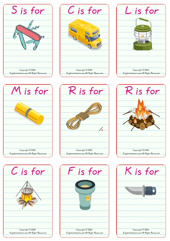 Wordless Camping vocabulary worksheet with nine images per page Worksheet Preview