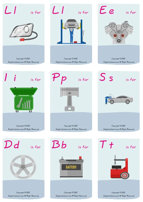 Car Service vocabulary worksheet with words, nine images per page Worksheet Preview