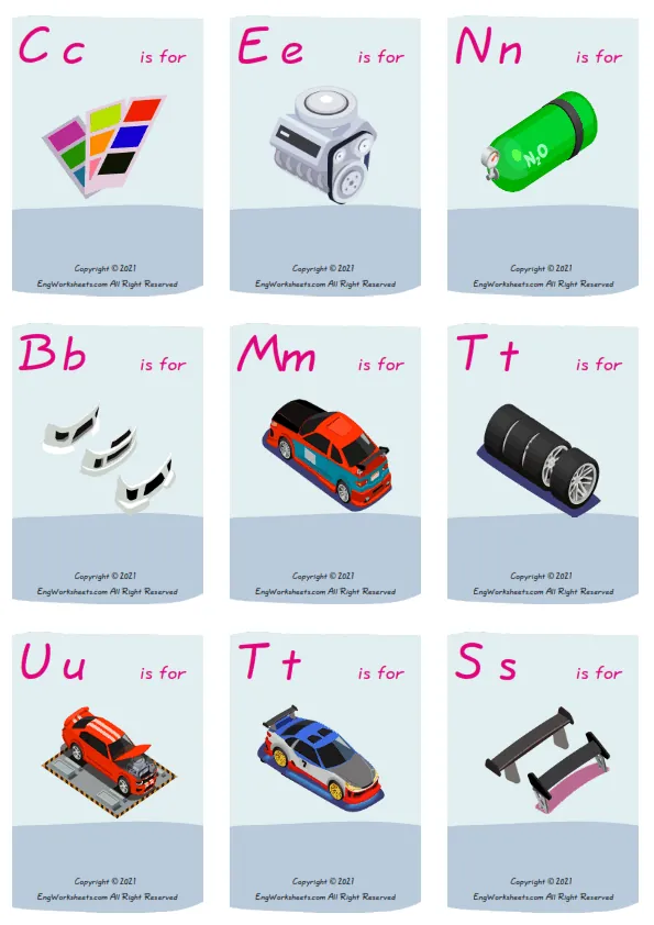 Wordless Car Tuning vocabulary worksheet with nine images per page Worksheet Preview
