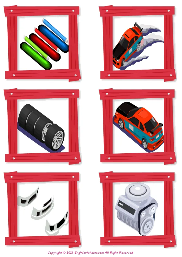 Wordless Car Tuning vocabulary worksheet with six images per page Worksheet Preview