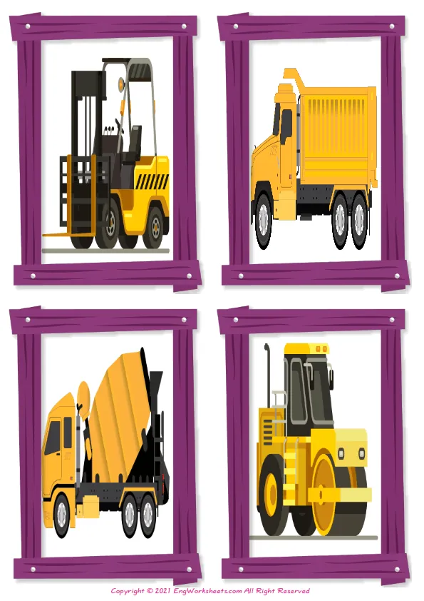 Wordless Construction Trucks vocabulary worksheet with four images per page Worksheet Preview
