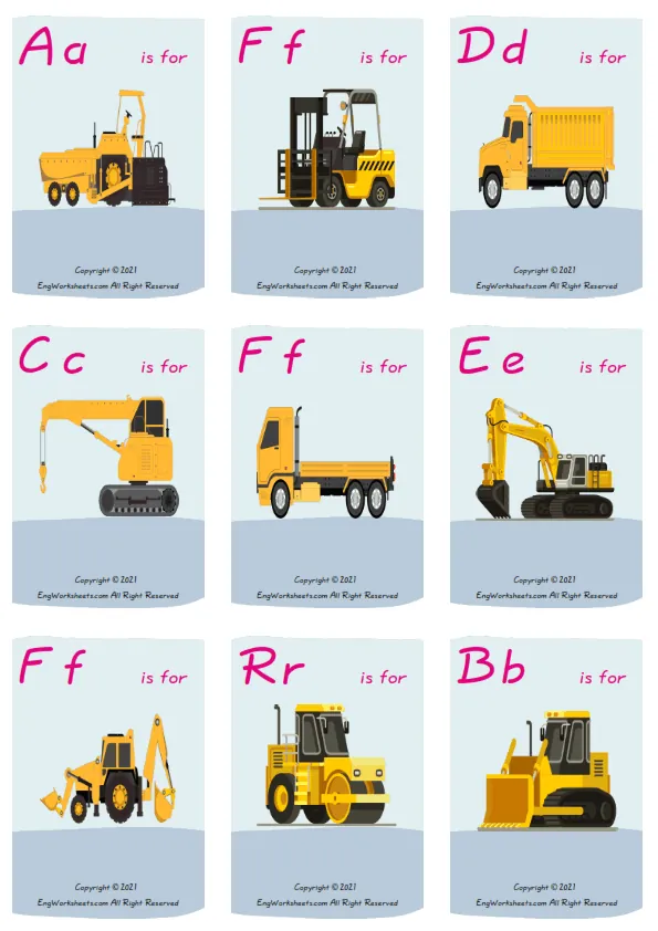 Wordless Construction Trucks vocabulary worksheet with nine images per page Worksheet Preview