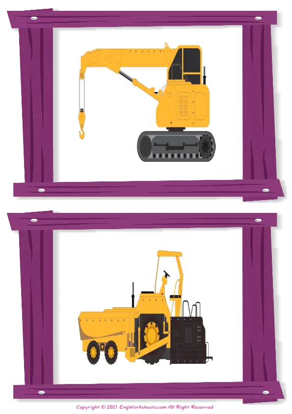 Wordless Construction Trucks vocabulary worksheet with two images per page Worksheet Preview
