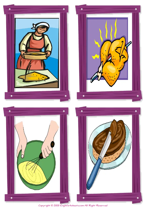 Wordless Cooking Verbs vocabulary worksheet with four images per page Worksheet Preview