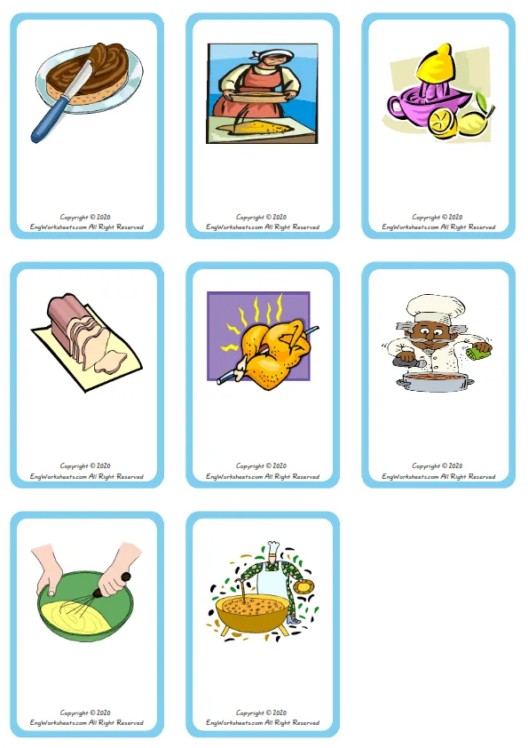 Wordless Cooking Verbs vocabulary worksheet with nine images per page Worksheet Preview