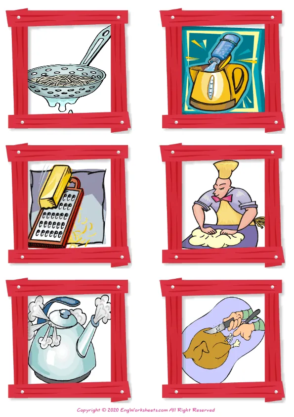 Wordless Cooking Verbs vocabulary worksheet with six images per page Worksheet Preview