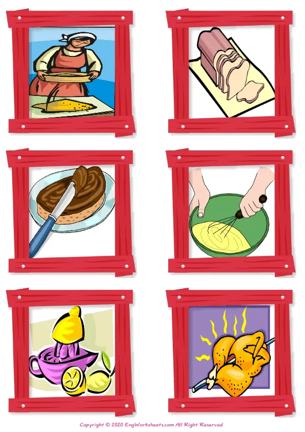 Wordless Cooking Verbs vocabulary worksheet with six images per page Worksheet Preview
