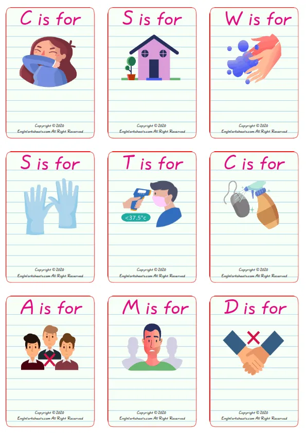 Wordless Coronavirus Prevention vocabulary worksheet with nine images per page Worksheet Preview